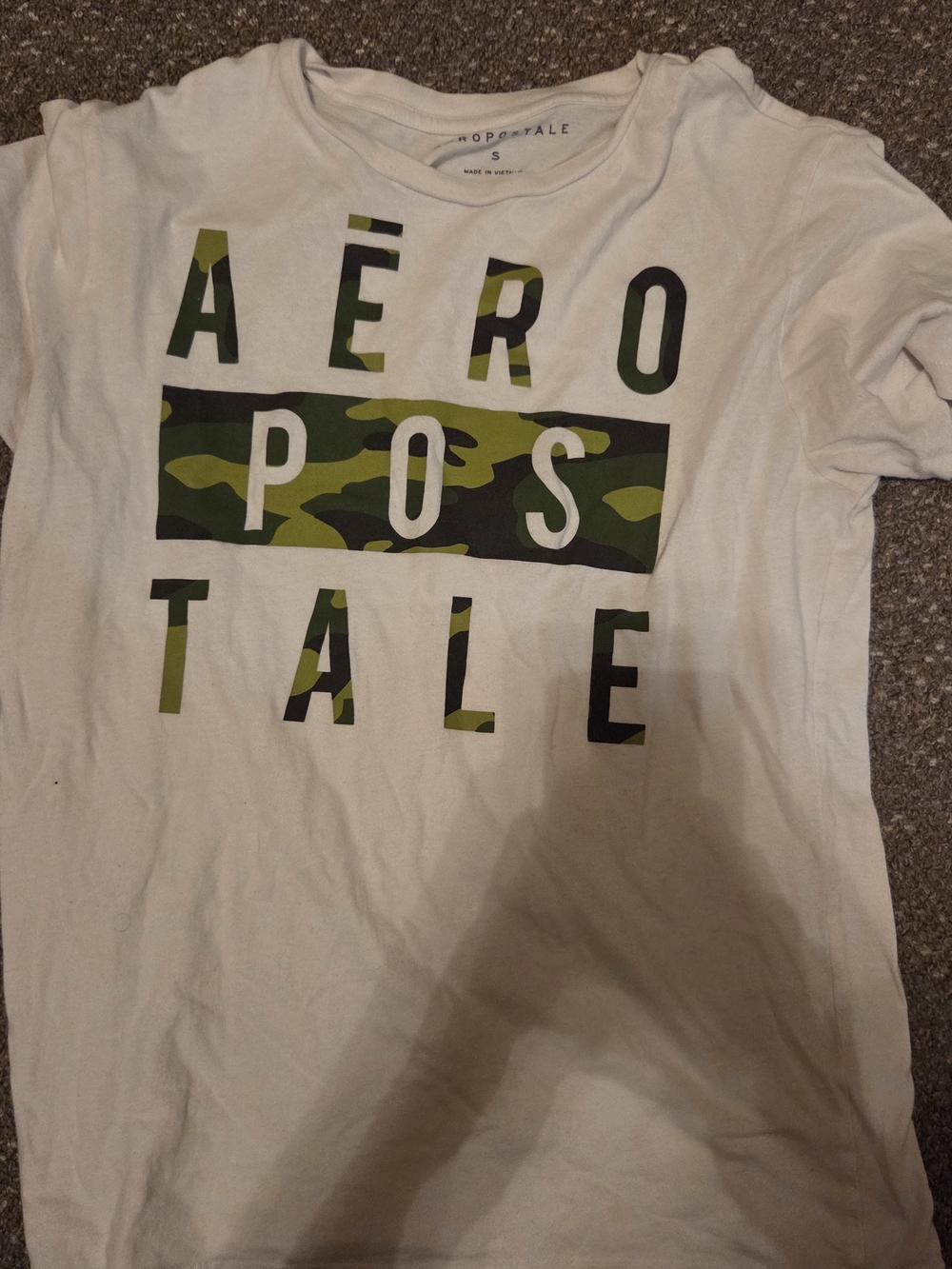 Aeropostale White Tee with Olive Camo Lettering